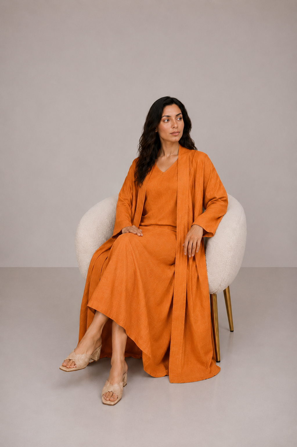 Orange Linen Abaya Set