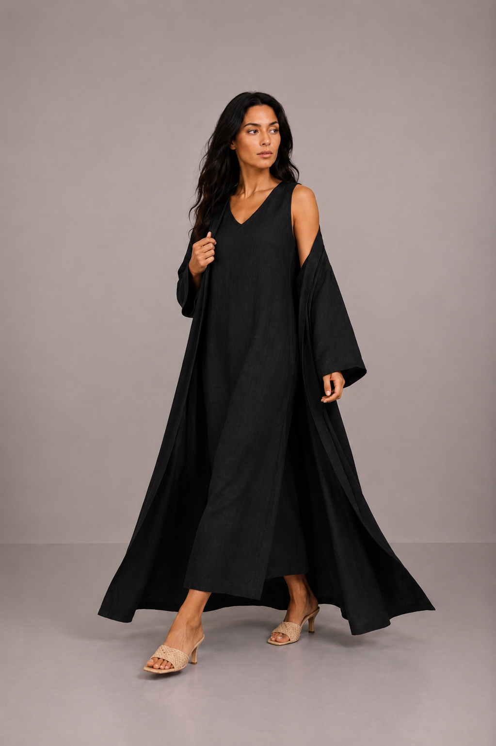 Black Linen Abaya Set