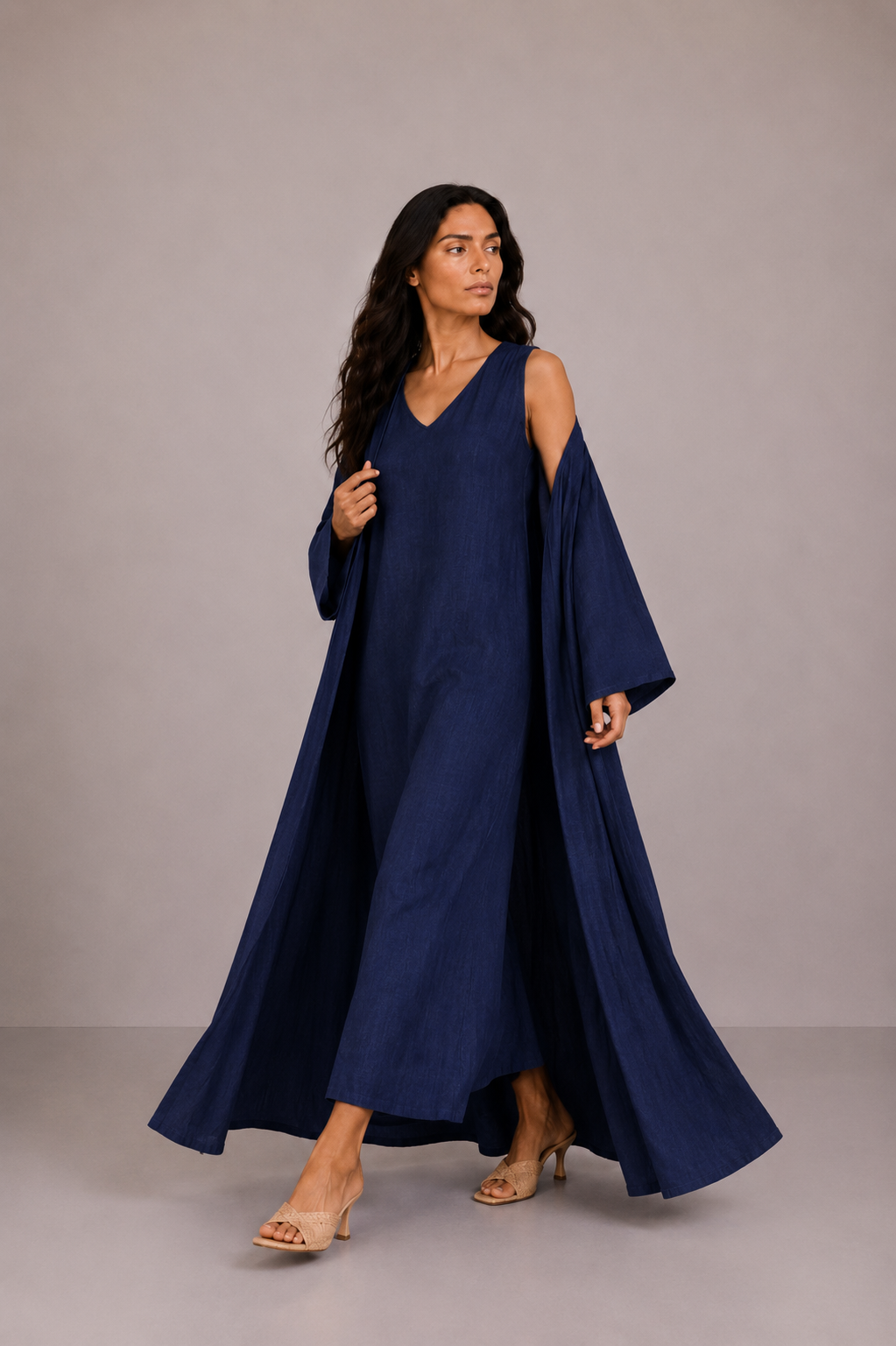 Navy Linen Abaya Set
