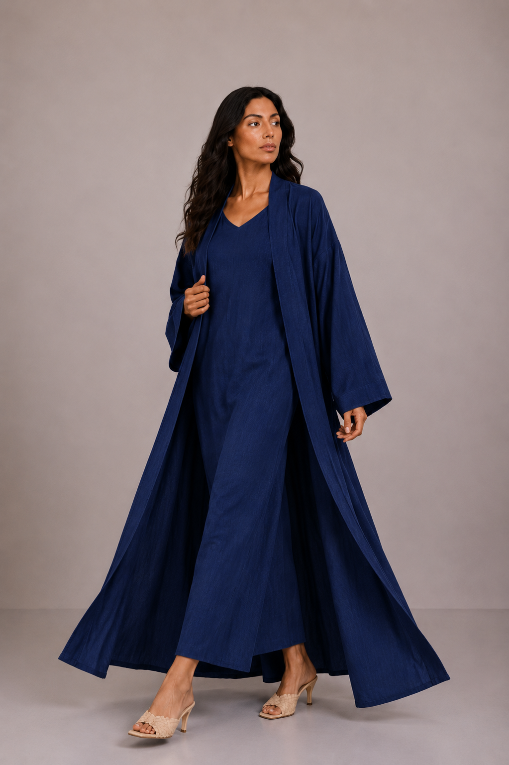 Navy Linen Abaya Set