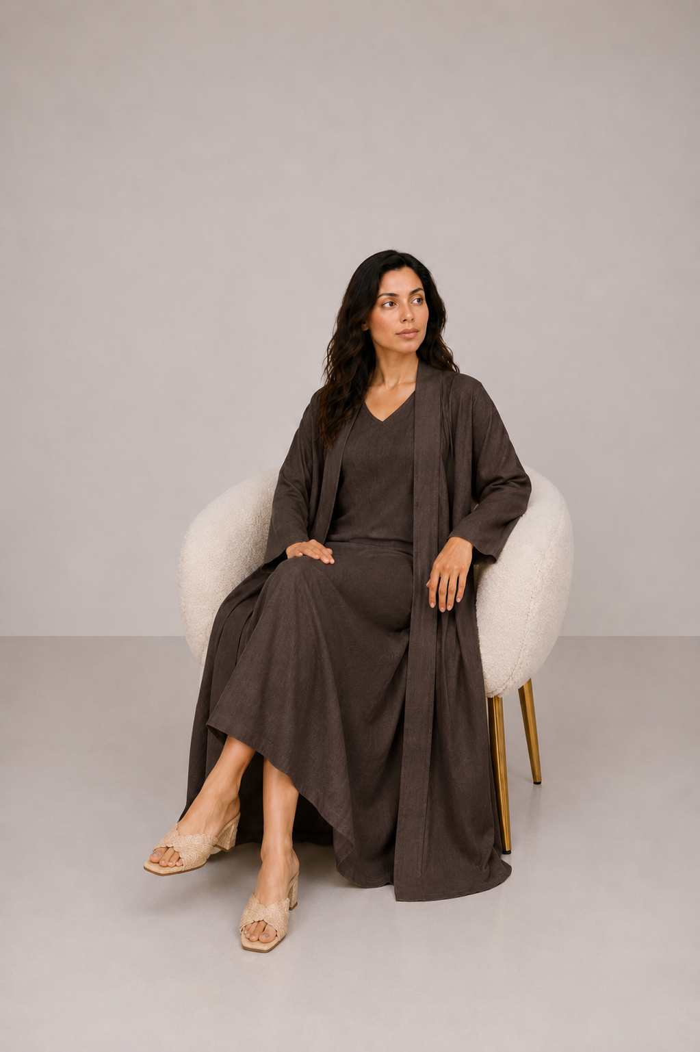 Brown Linen Abaya Set