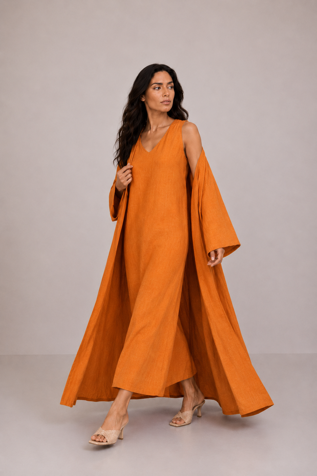 Orange Linen Abaya Set