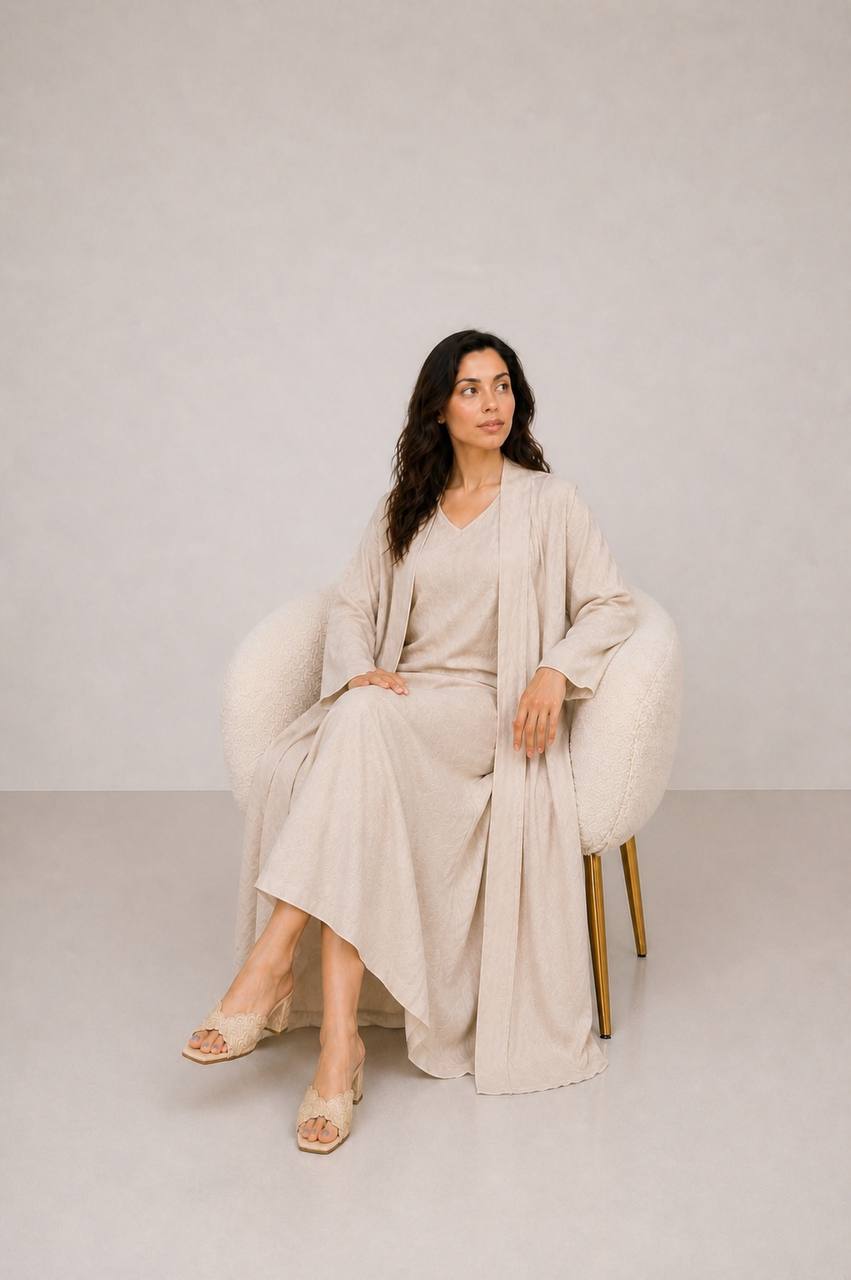 Beige Linen Abaya Set