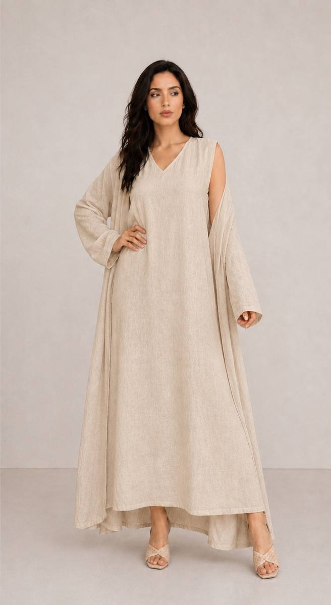 Beige Linen Abaya Set