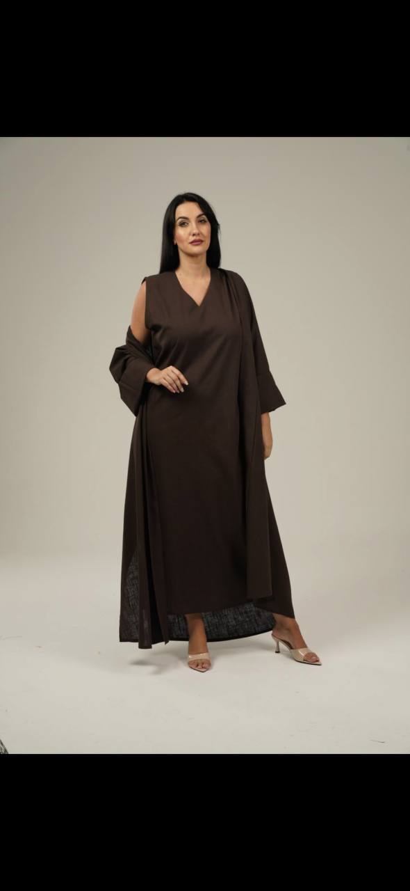 Brown Linen Abaya Set