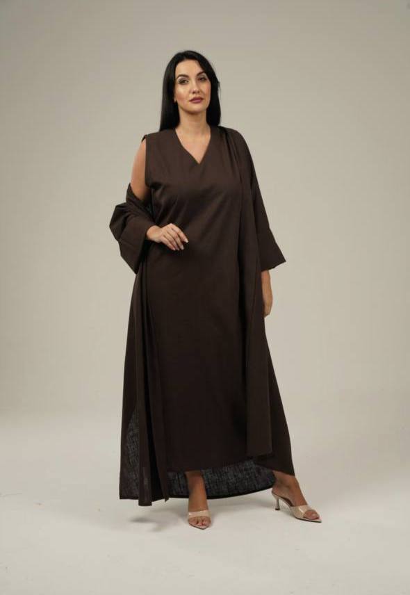 Brown Linen Abaya Set
