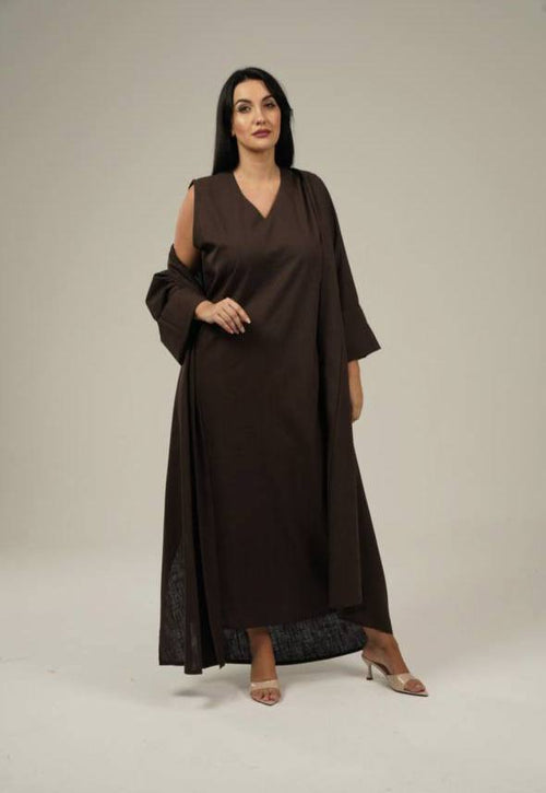 Brown Linen Abaya Set