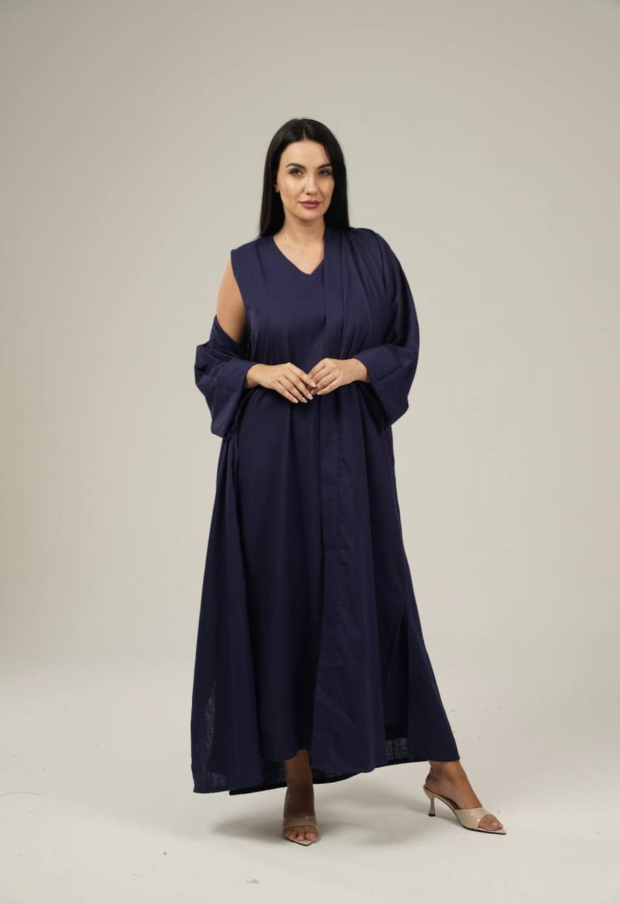 Navy Linen Abaya Set