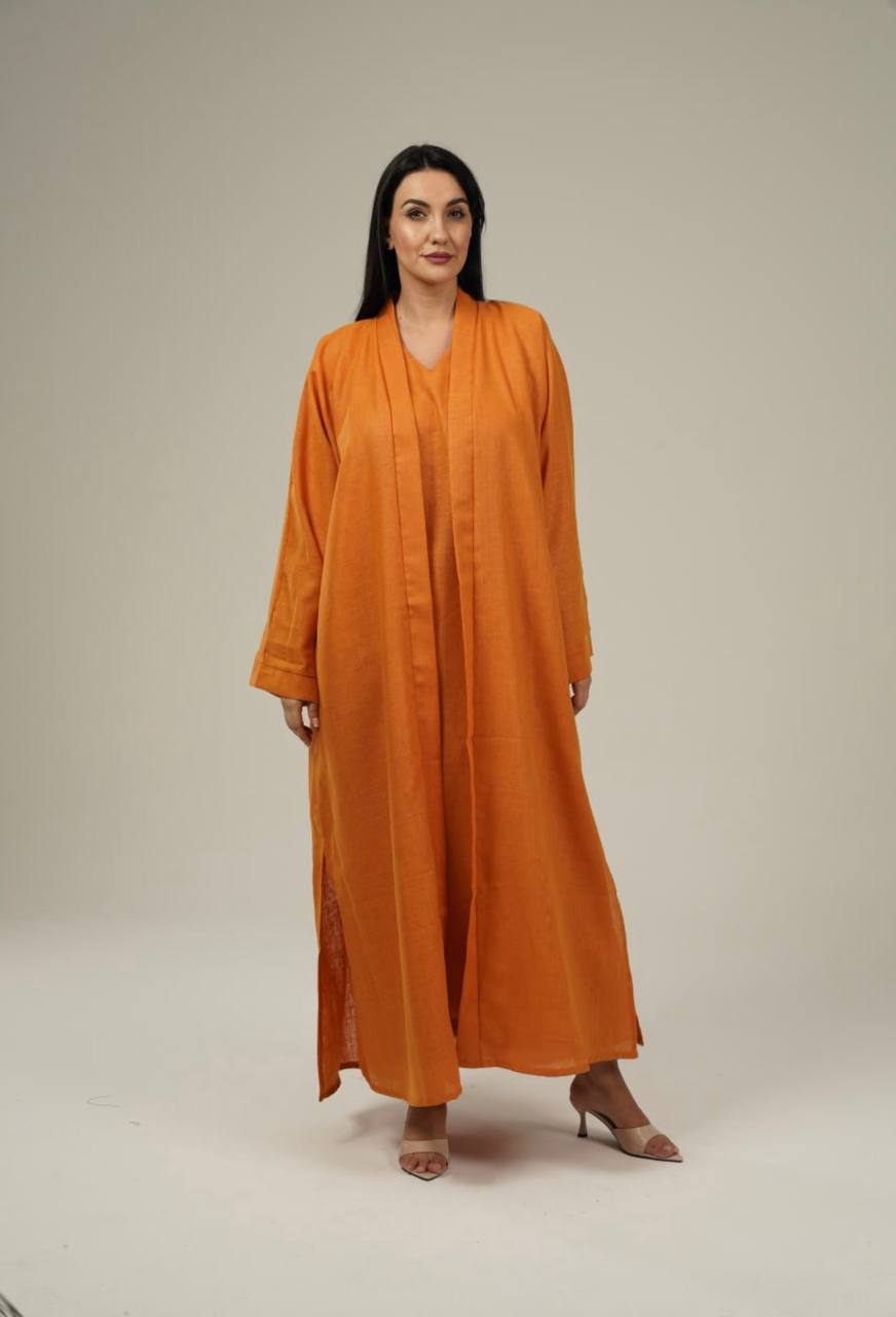 Orange Linen Abaya Set