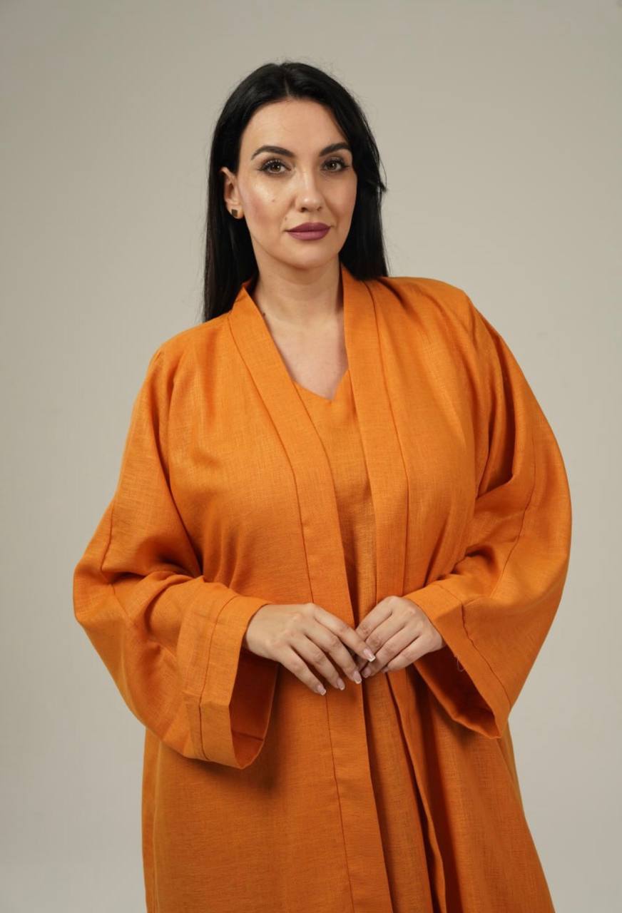 Orange Linen Abaya Set