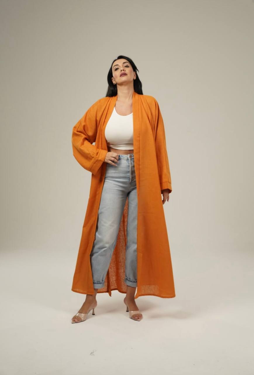 Orange Linen Abaya Set