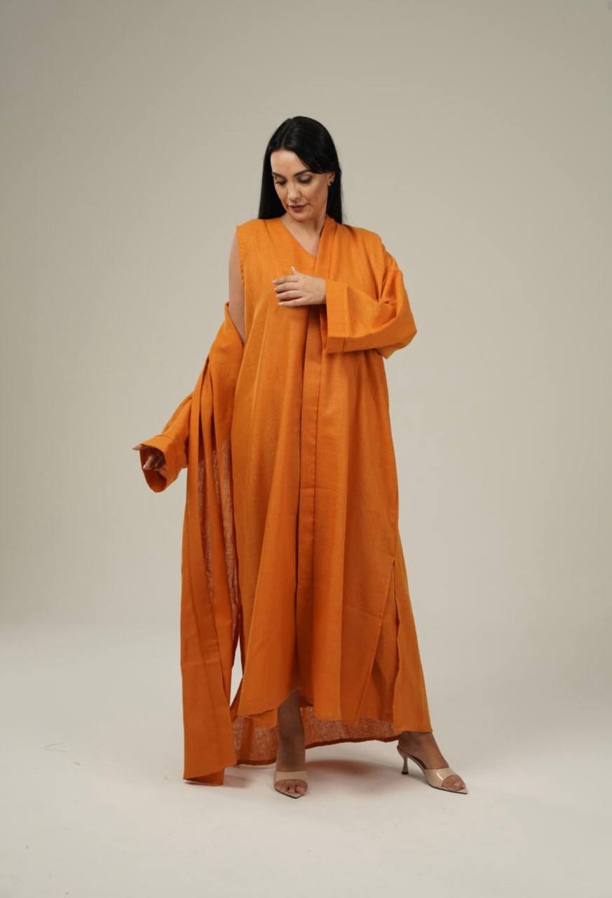 Orange Linen Abaya Set
