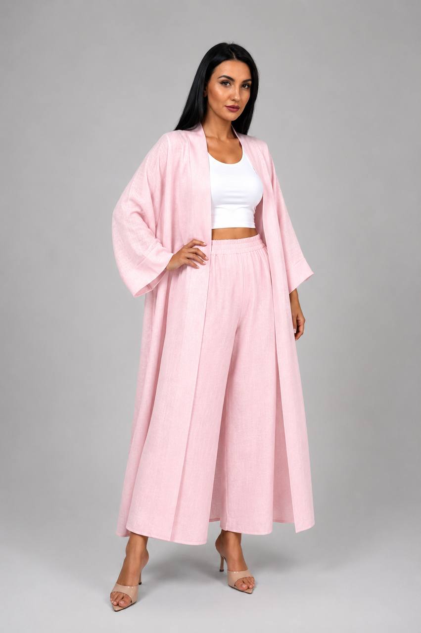 Linen Abaya & Pants Set - Light Pink