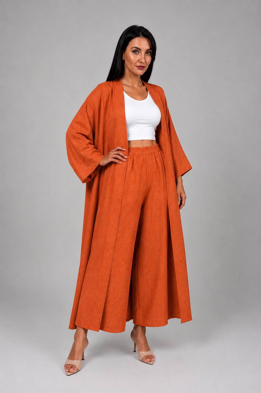 Orange Linen Abaya & Pants Set