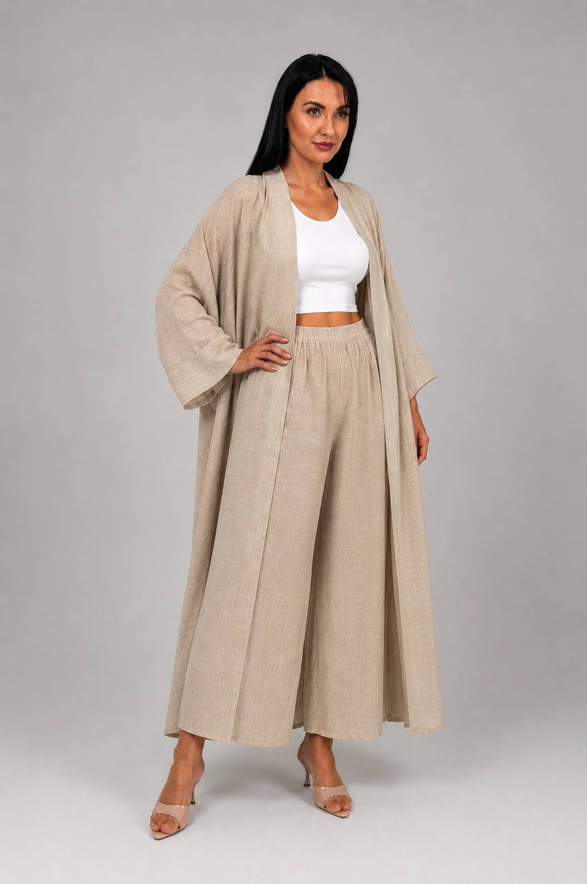 Beige Linen Abaya & Pants Set