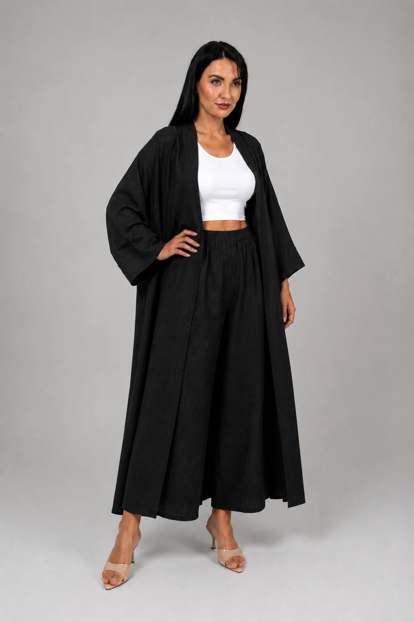 Black Linen Abaya & Pants Set