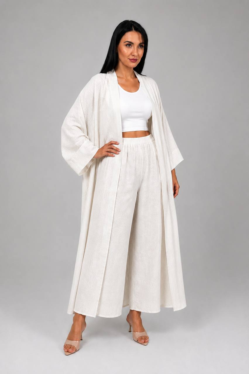 White Linen Abaya & Pants Set