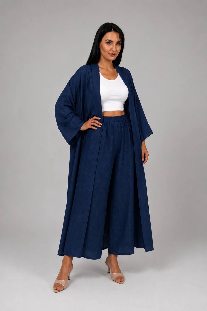 Navy Linen Abaya & Pants Set