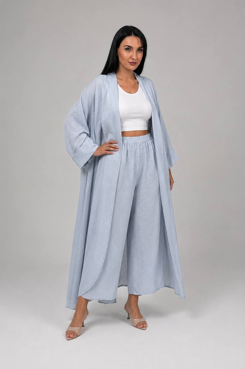 Ice Blue Linen Abaya & Pants Set