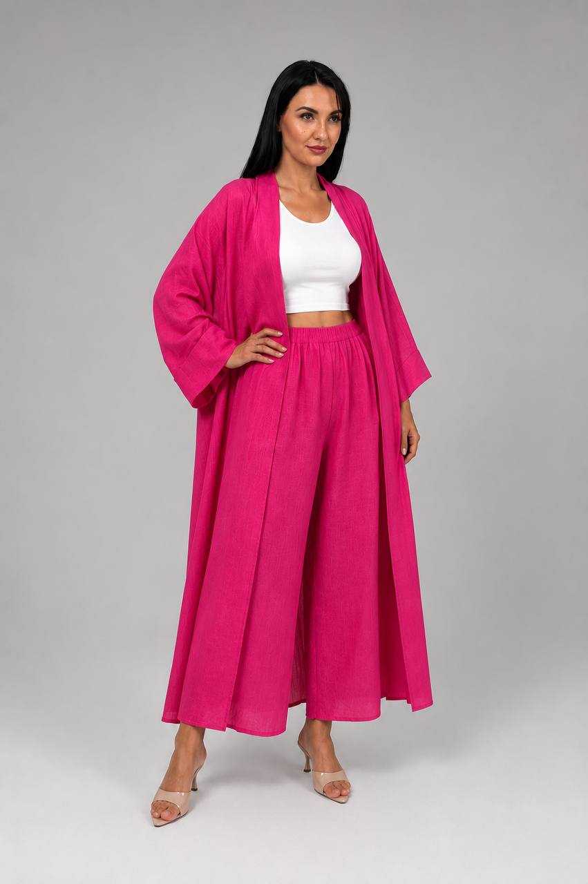 Fuchsia Linen Abaya & Pants Set